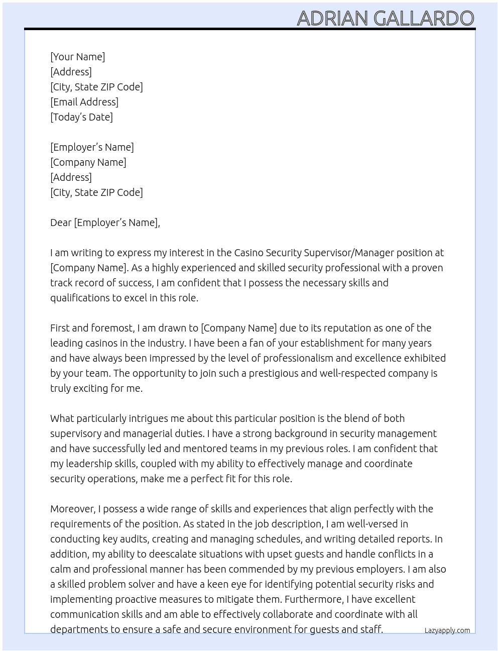 Casino Security Supervisor/Manager At Casino Cover Letter