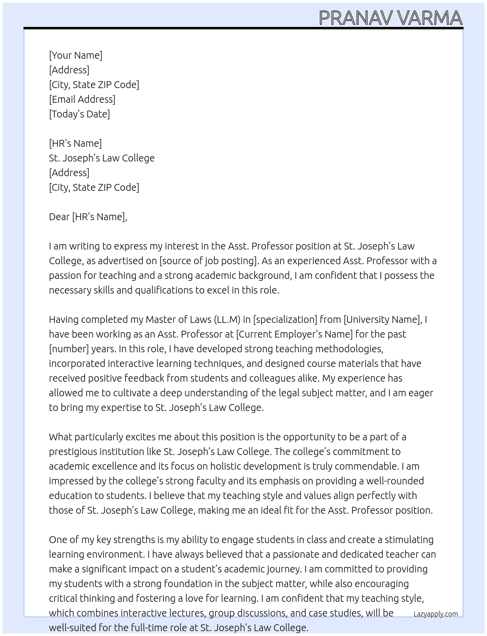 Asst. Professor At St. Joseph's Law College Cover Letter