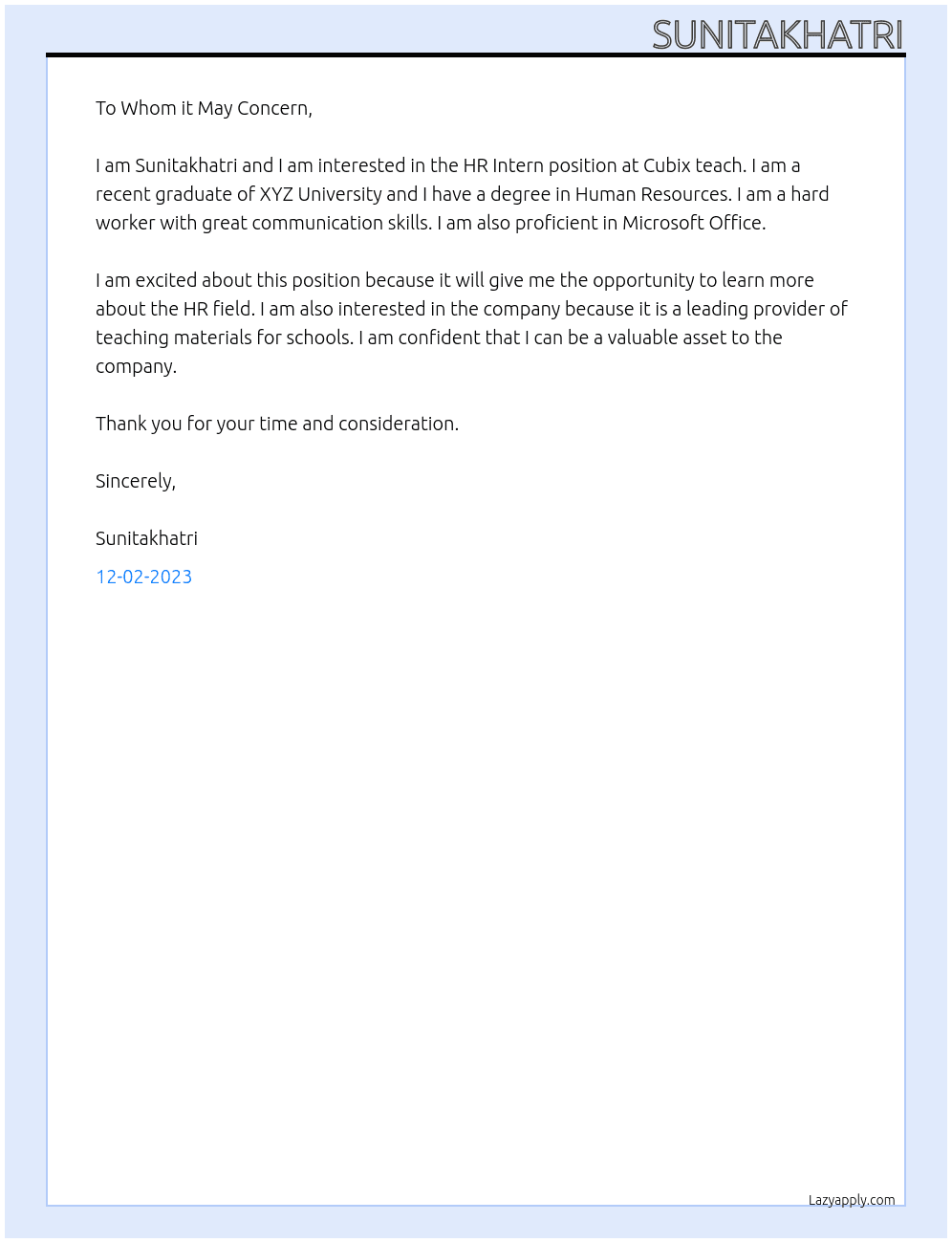 hr intern At Cubix teach Cover Letter