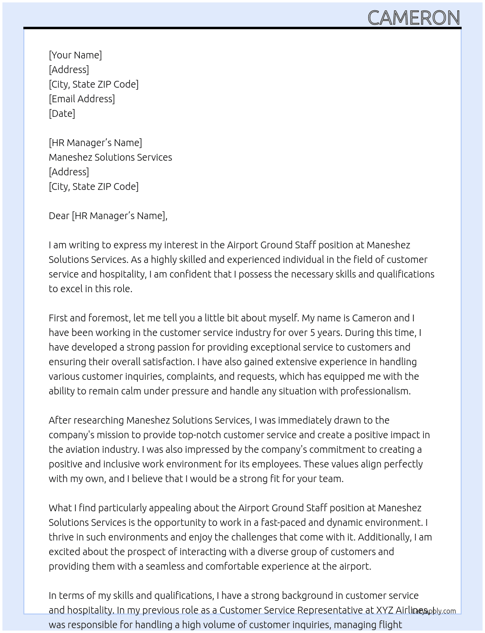 Airport ground staff At Maneshez Solutions Services Cover Letter