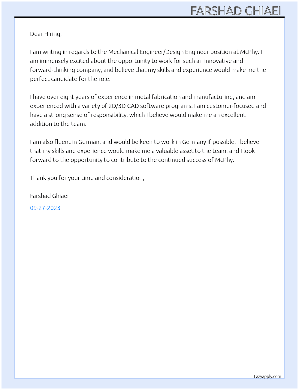 Mechanical Engineer/ Design Engineer  At McPhy Cover Letter