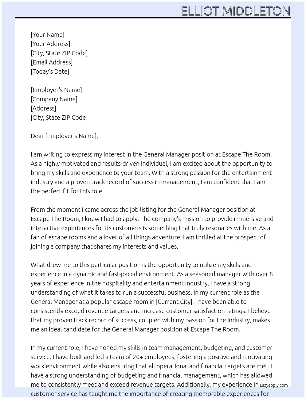 General Manager  At Escape The Room Cover Letter