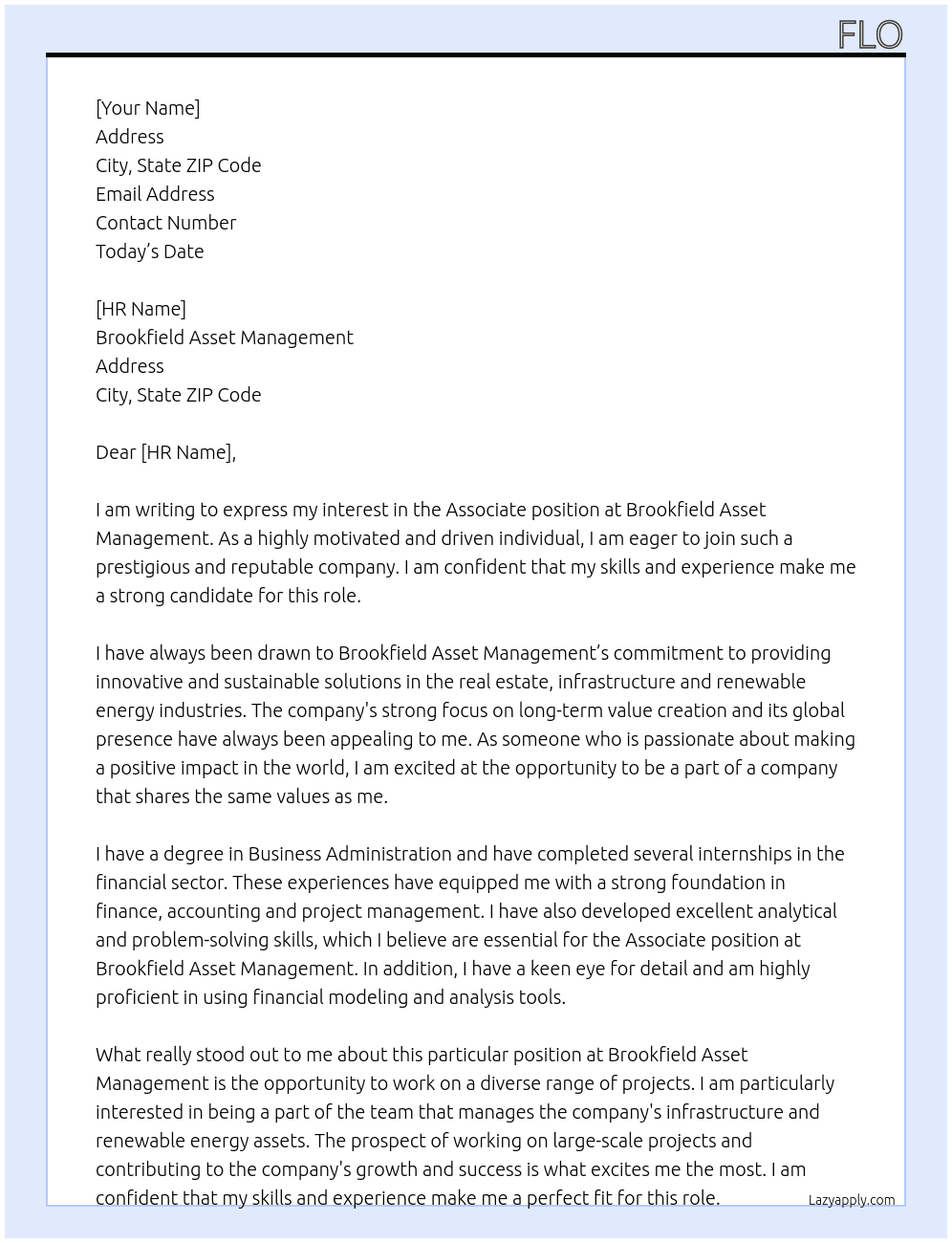 Associate At Brookfield Asset Management Cover Letter