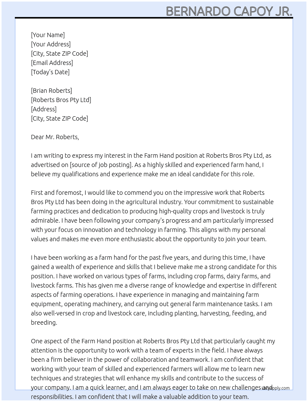 Farm Hand Required At Roberts Bros Pty Ltd Cover Letter