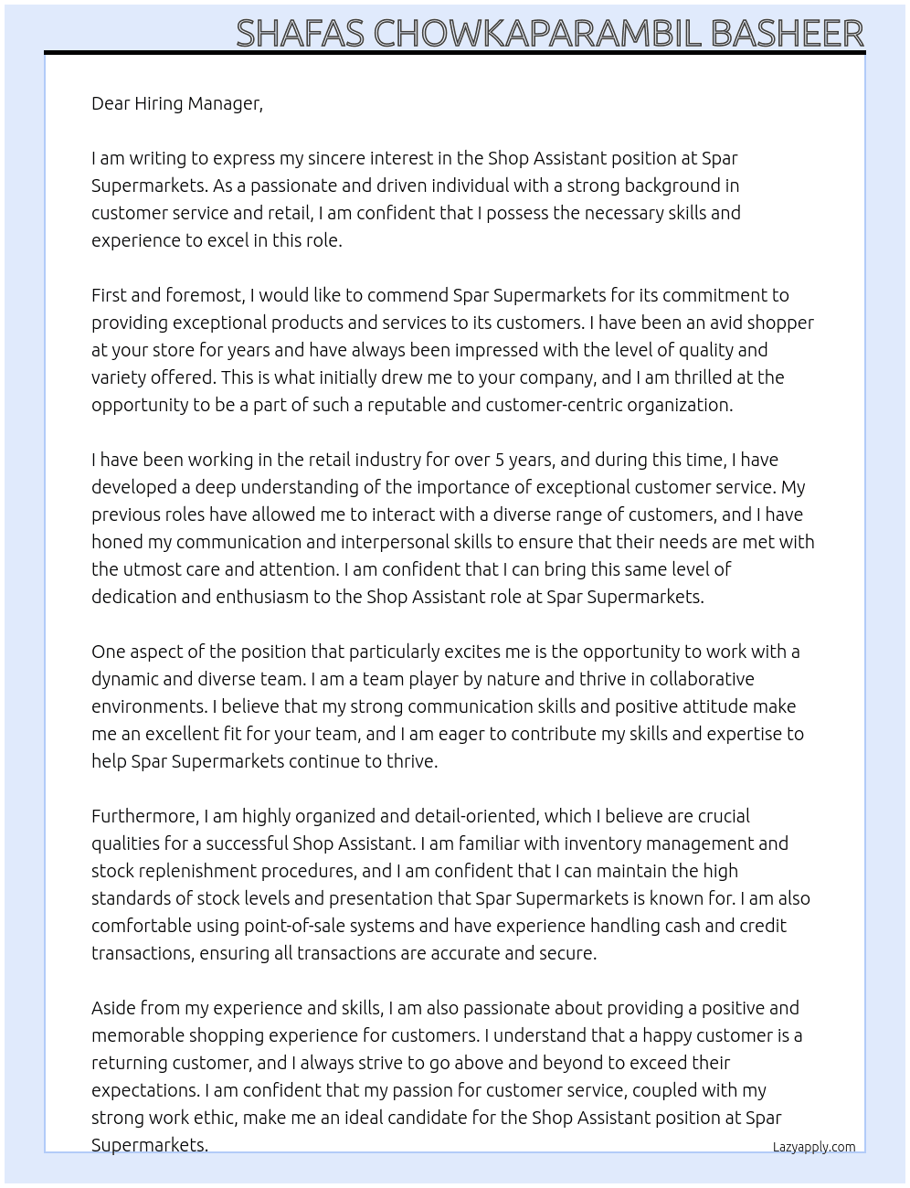 Shop Assisstant At Spar Supermarkets Cover Letter