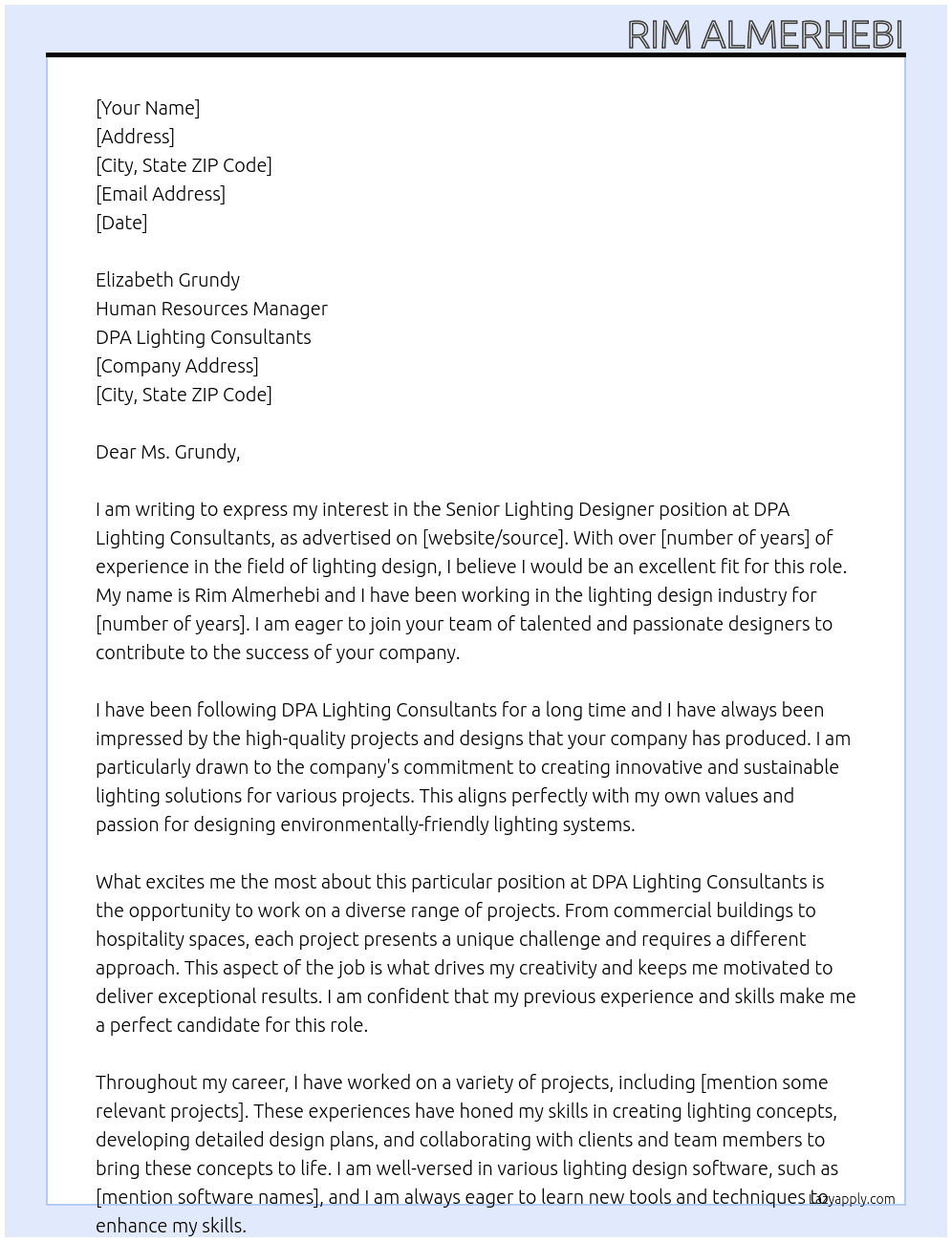 lighting designer At dpa lighting consultants Cover Letter