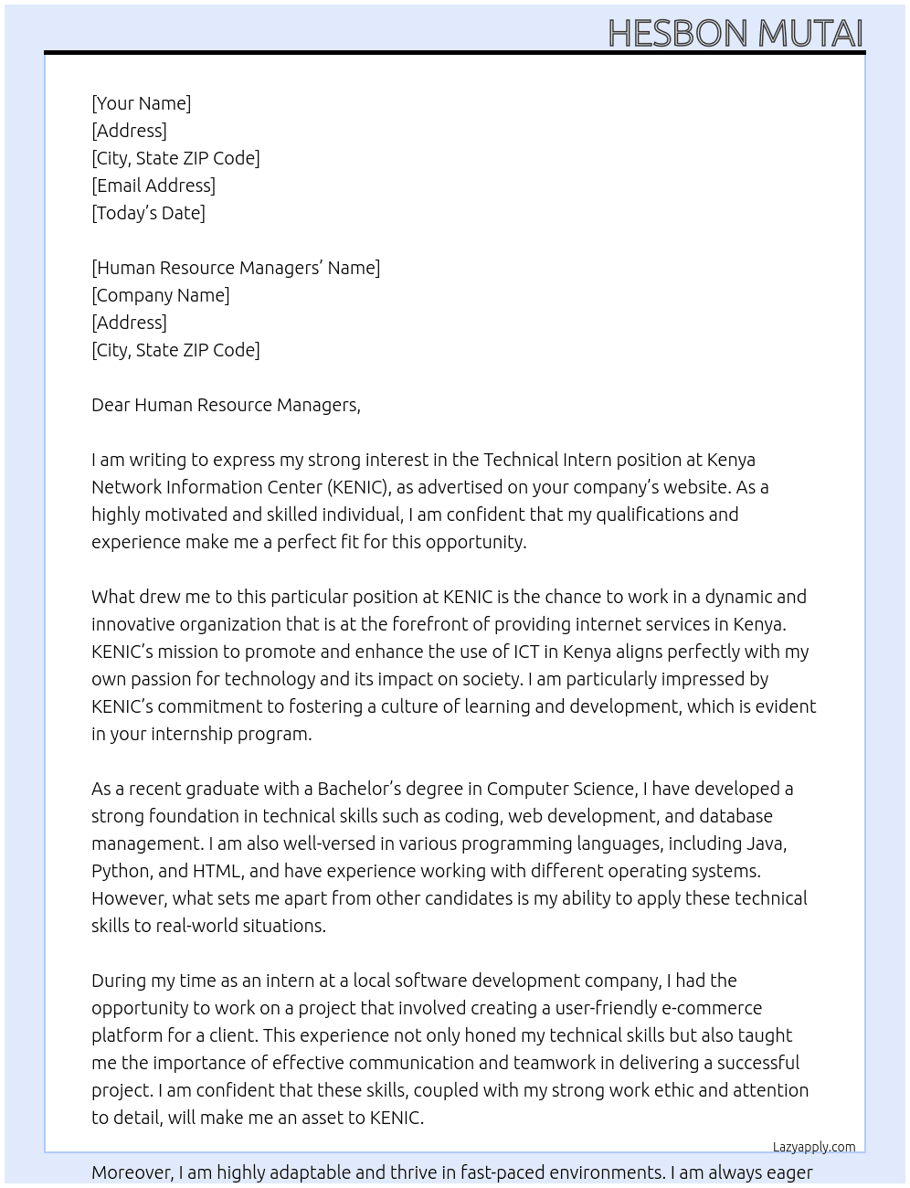 TECHNICAL INTERN At KENYA NETWORK INFORMATION CENTER Cover Letter