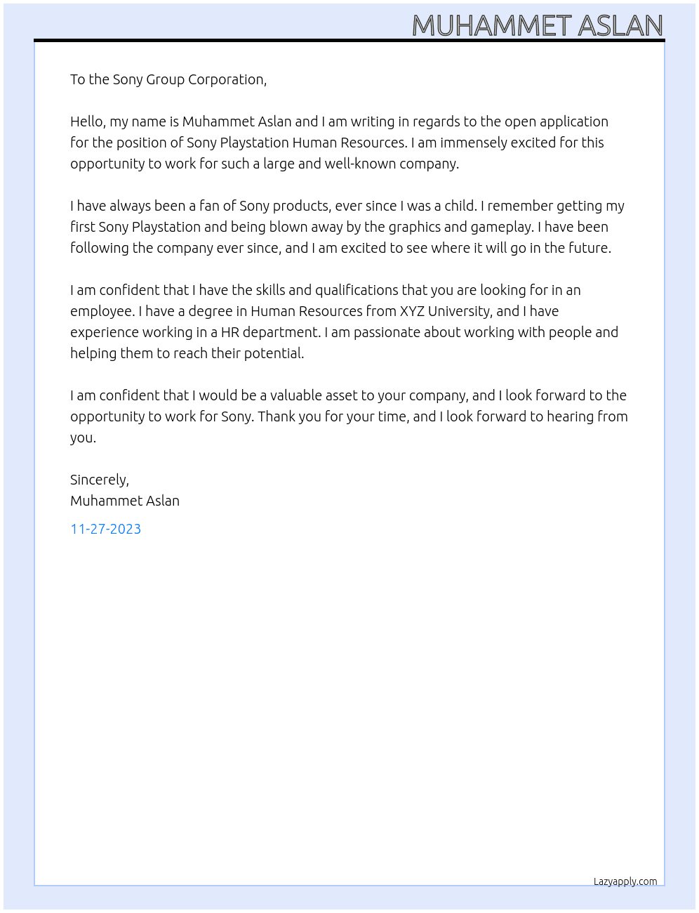 Open Application At Sony Group Corporation Cover Letter