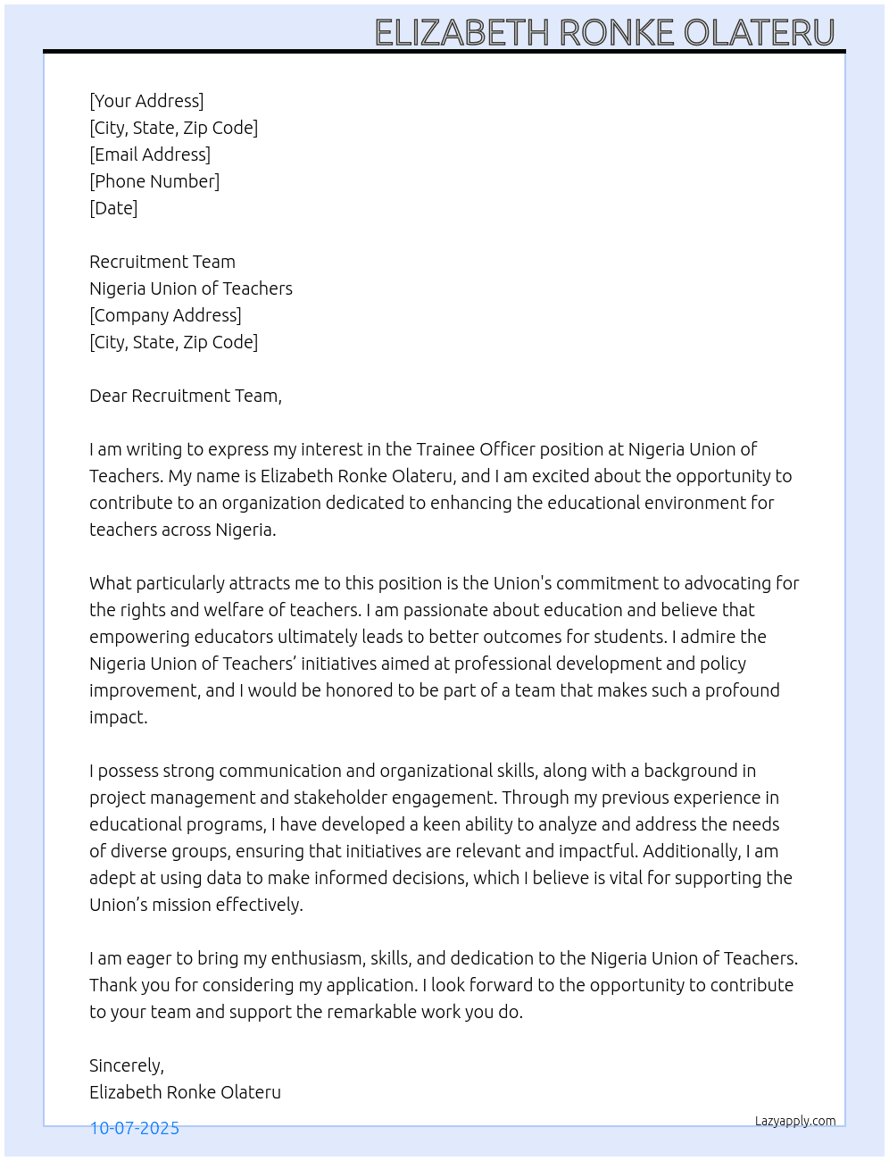 Officer cadre - trainee officer 1 At Nigeria Union of Teachers  Cover Letter