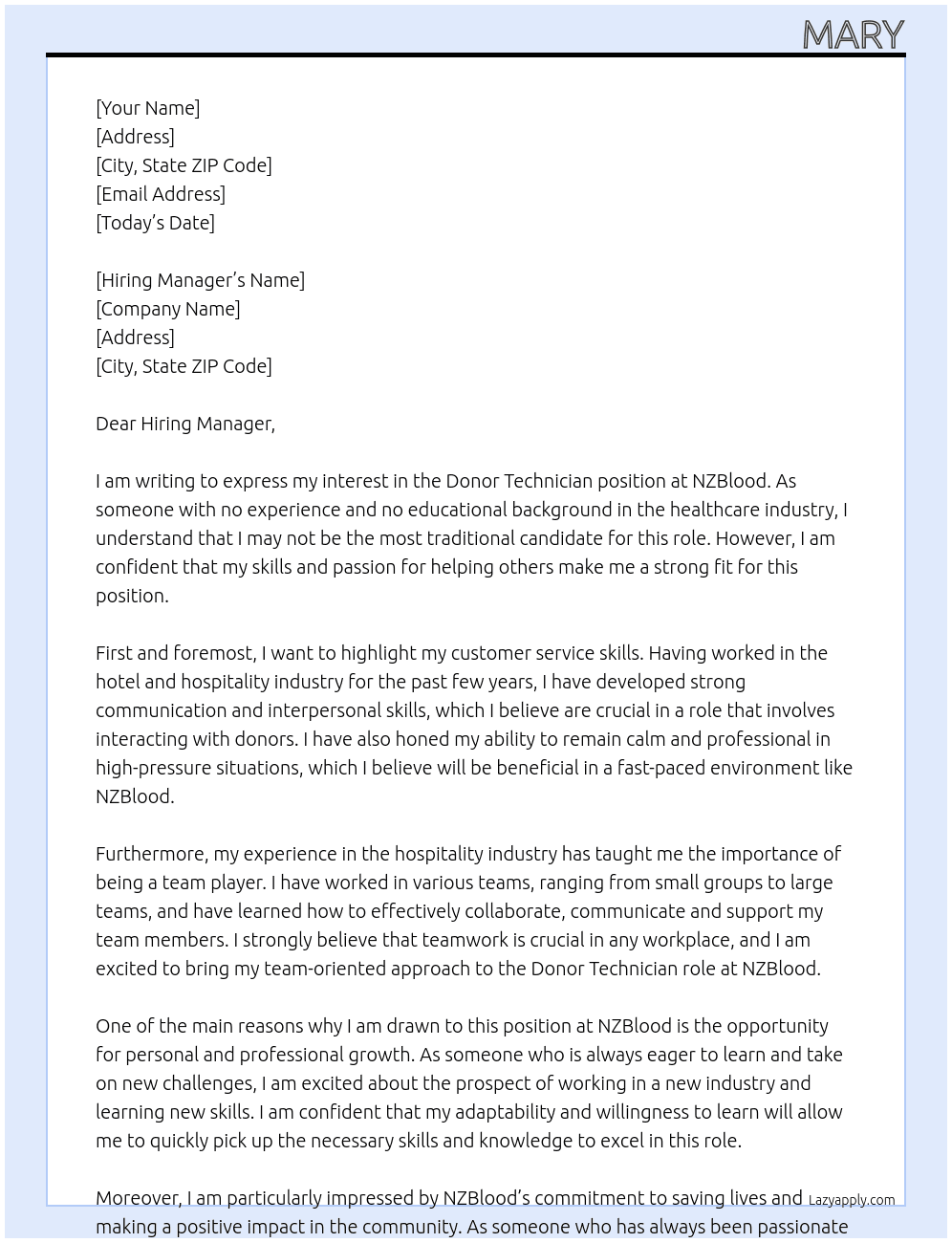 Donor Technician (with no experience, no education background) At NZBlood Cover Letter