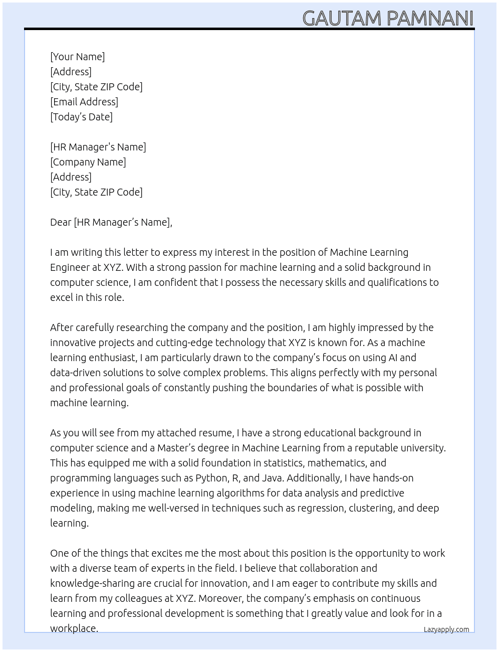 Machine Learning Engineer At XYZ Cover Letter