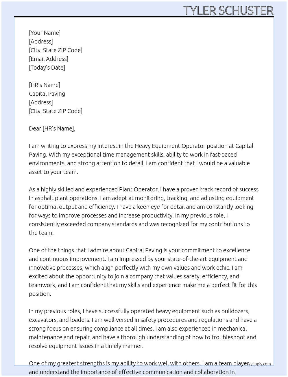 Heavy equipment operator  At Capital Paving  Cover Letter