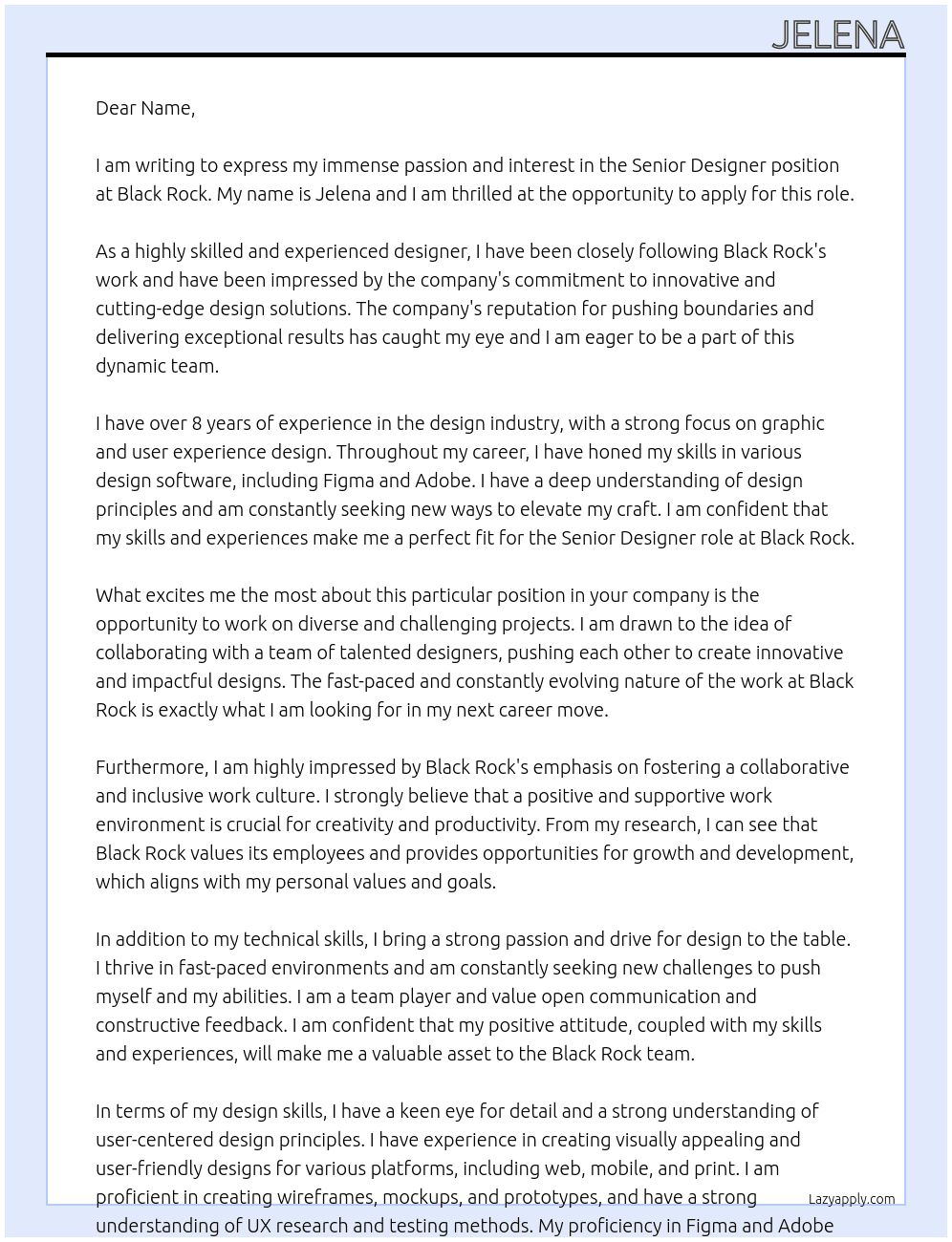 Senior designer  At Black rock Cover Letter