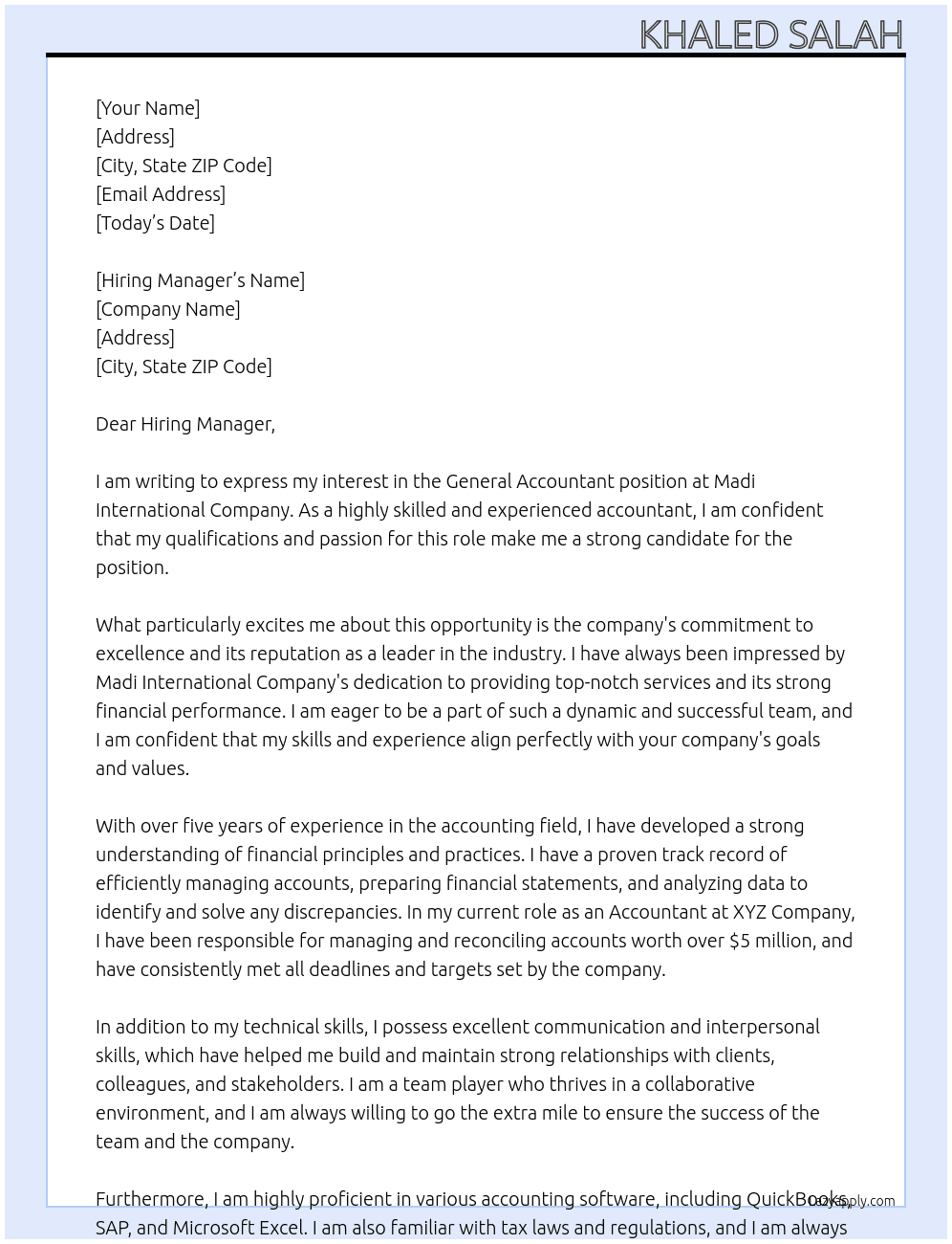 General Accountant At Madi International Company Cover Letter
