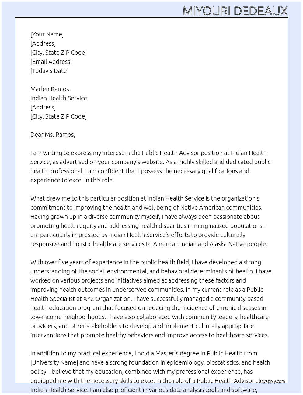Public Health Advisor  At Indian Health Service Cover Letter