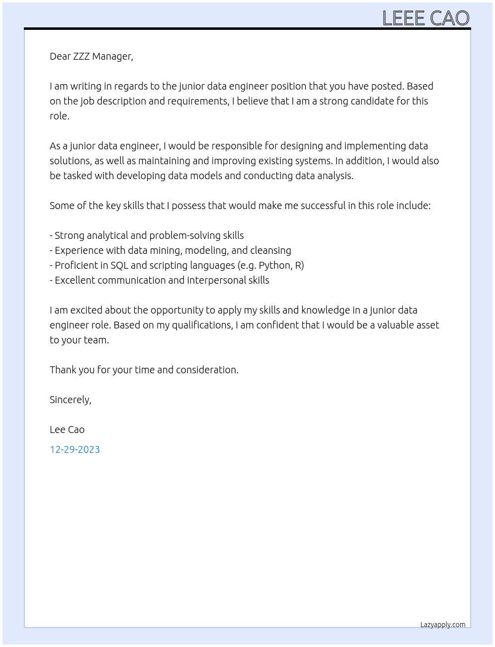 junior data engineer At zzz automotives Cover Letter