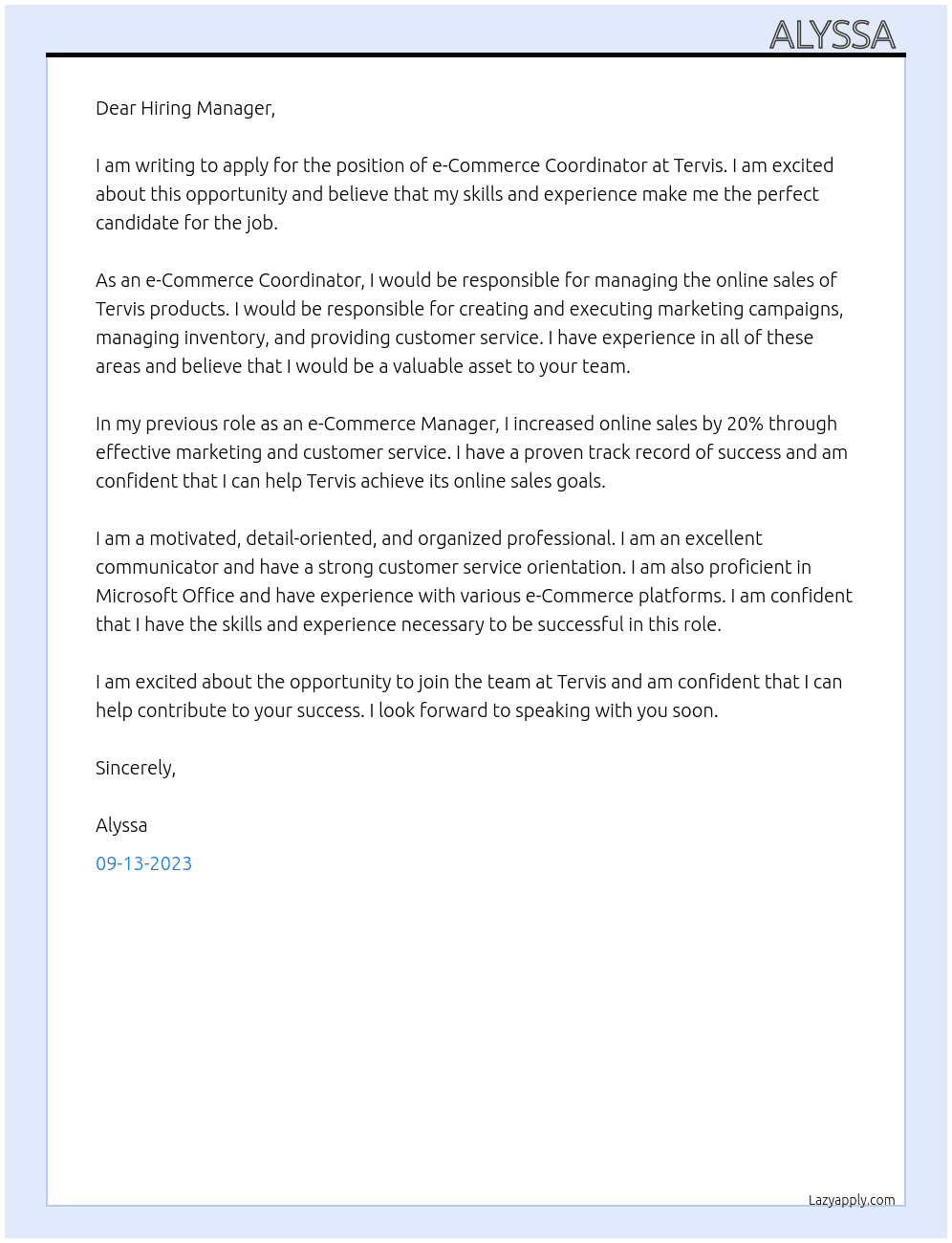 e-Commerce Coordinator  At Tervis Cover Letter