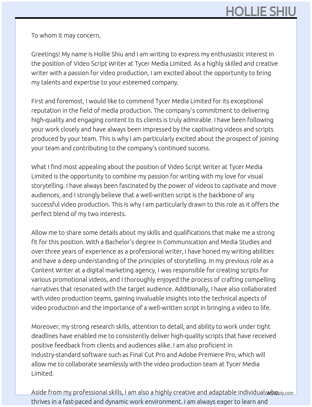 Video Script Writer At Tycer Media Limited Cover Letter