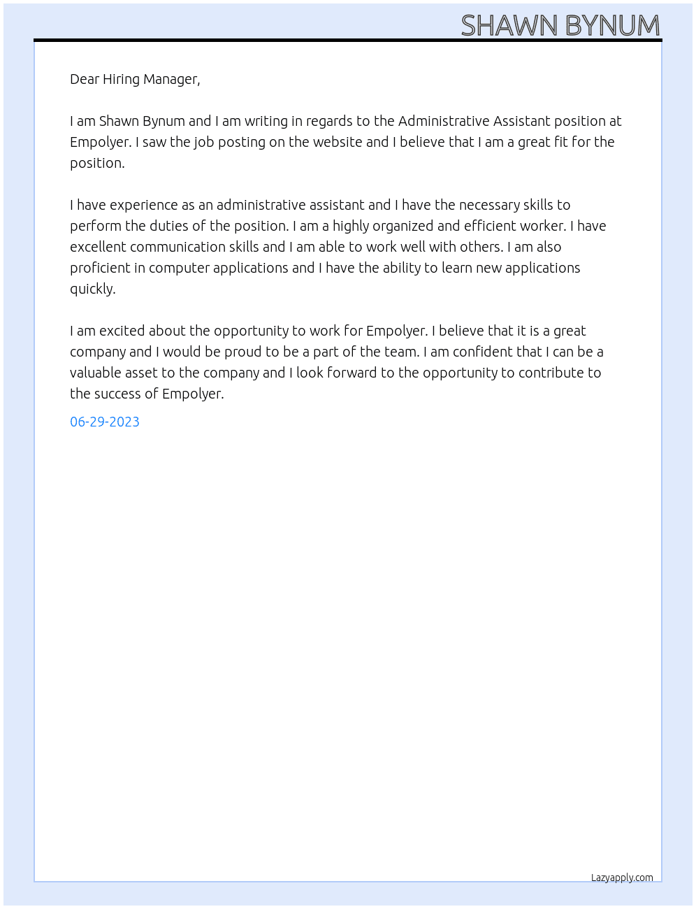 Administrative Assistant At Empolyer Cover Letter