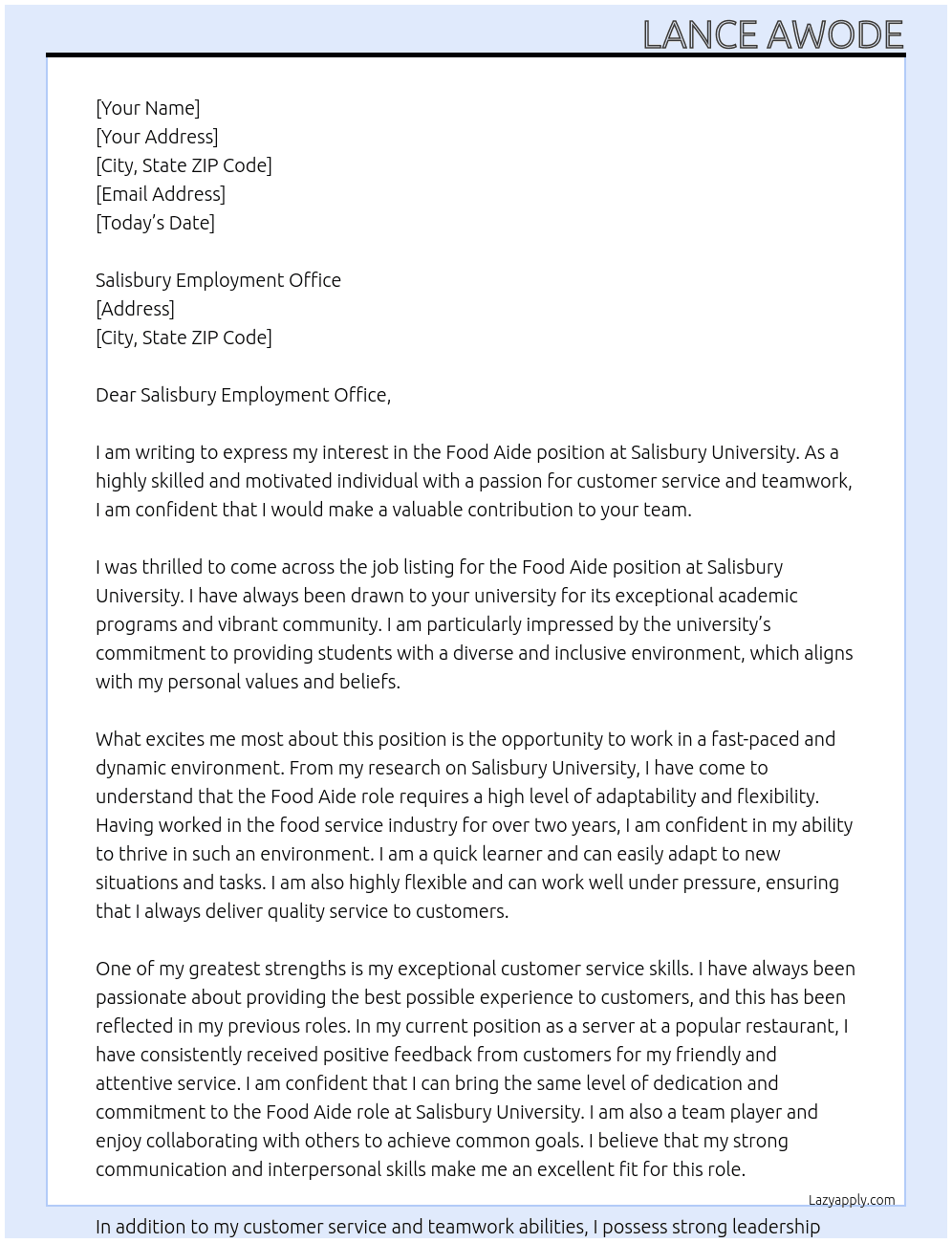 Food aide At Salisbury University  Cover Letter