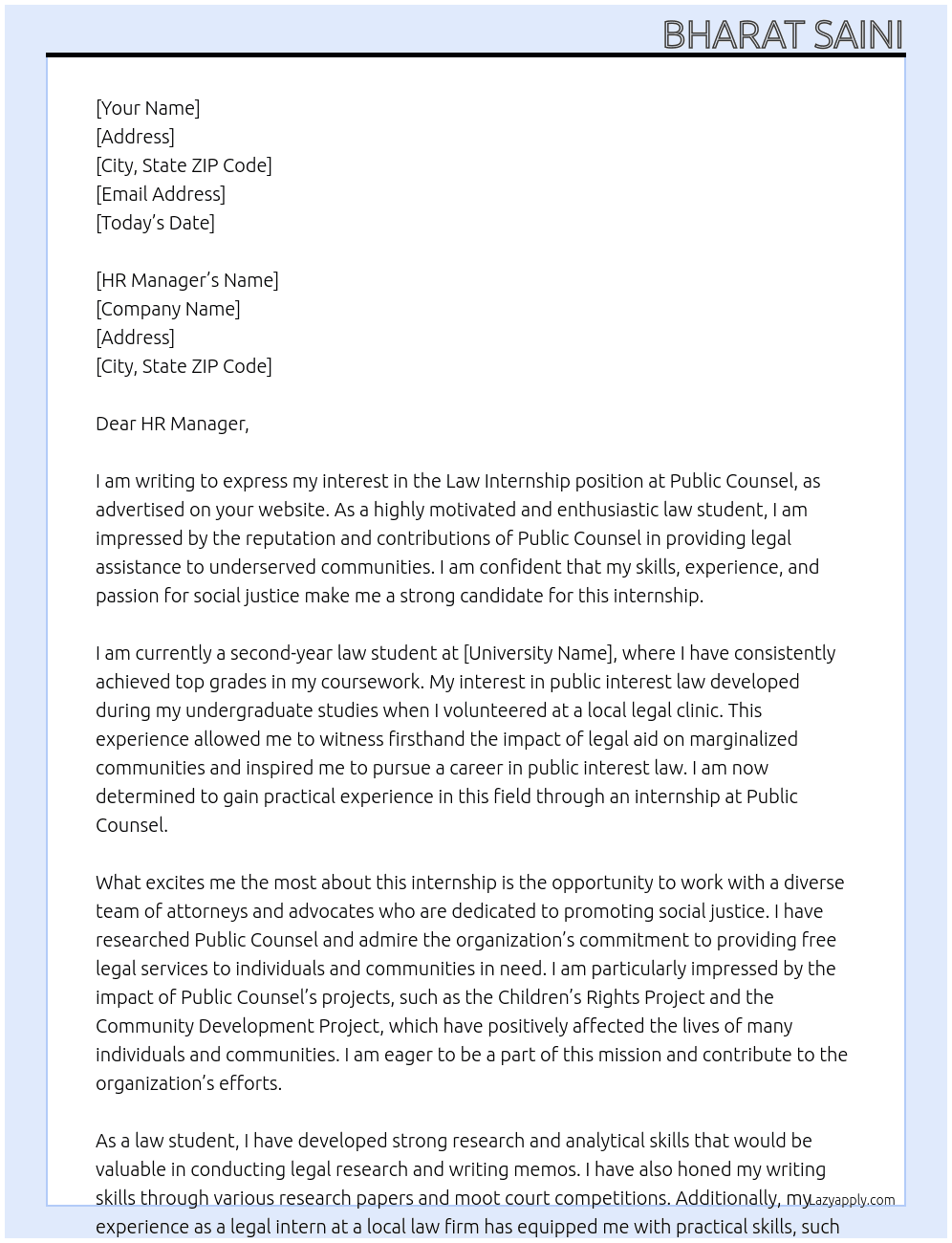 LAW INTERNSHIP  At PUBLIC COUNSEL Cover Letter