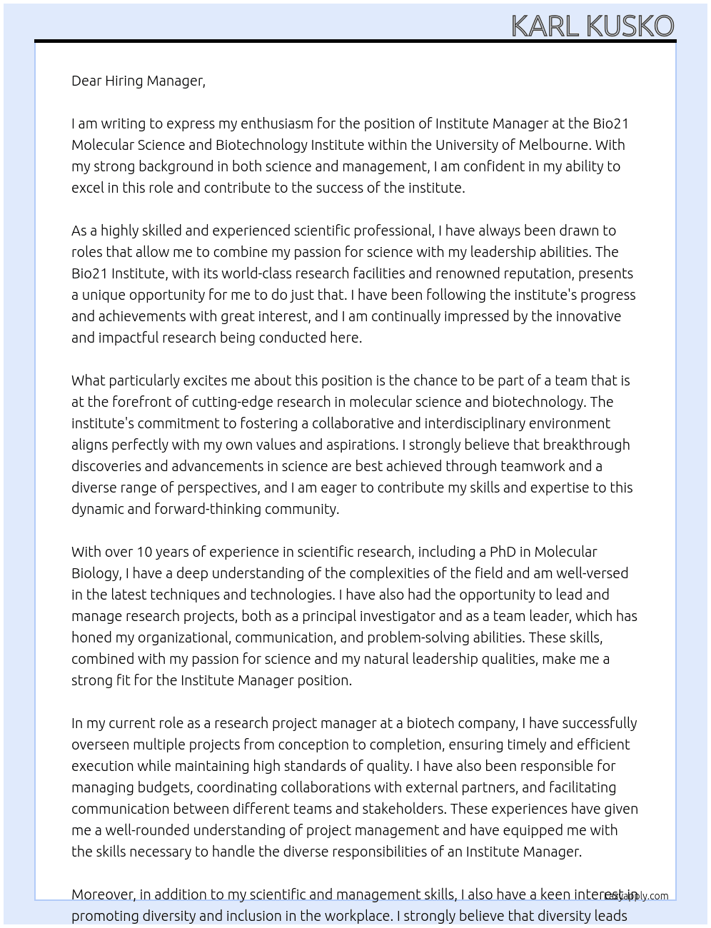 Institute Manager, Bio21 Molecular Science and Biotechnology Institute At University of Melbourne Cover Letter