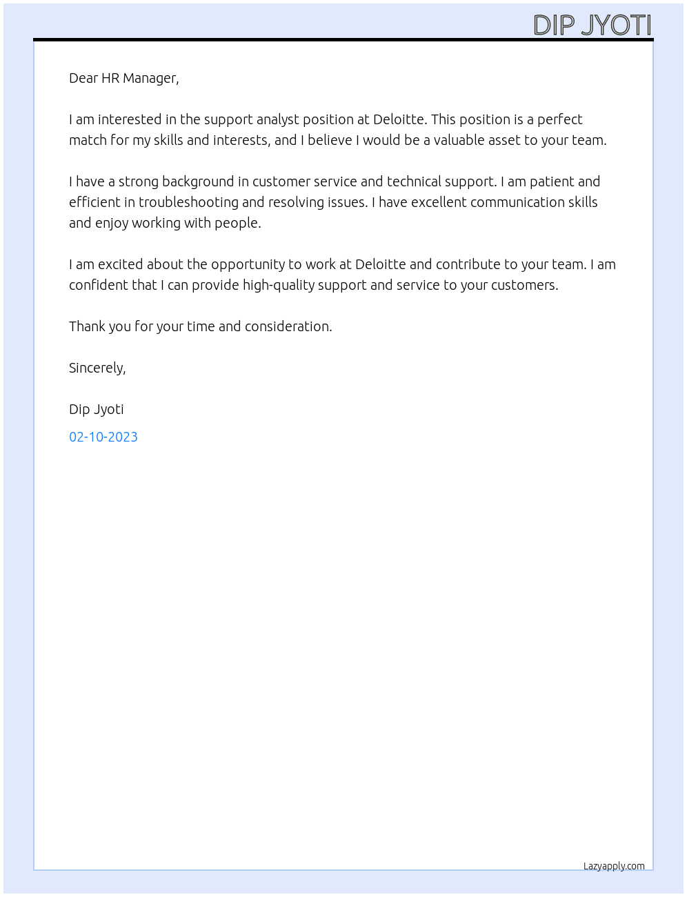support analyst At deloitte Cover Letter