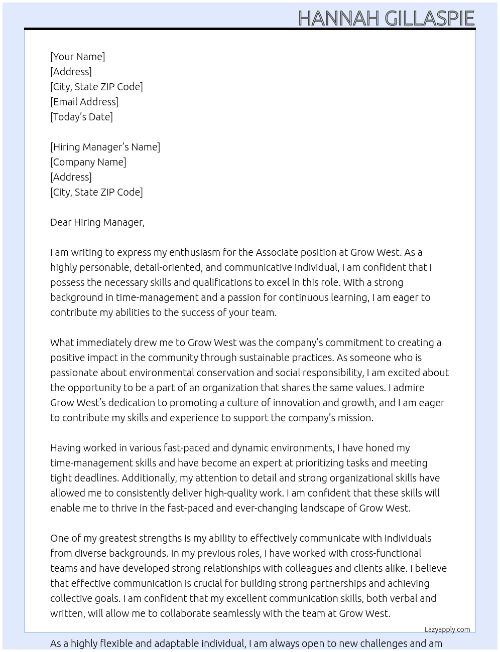 Associate At Grow West Cover Letter