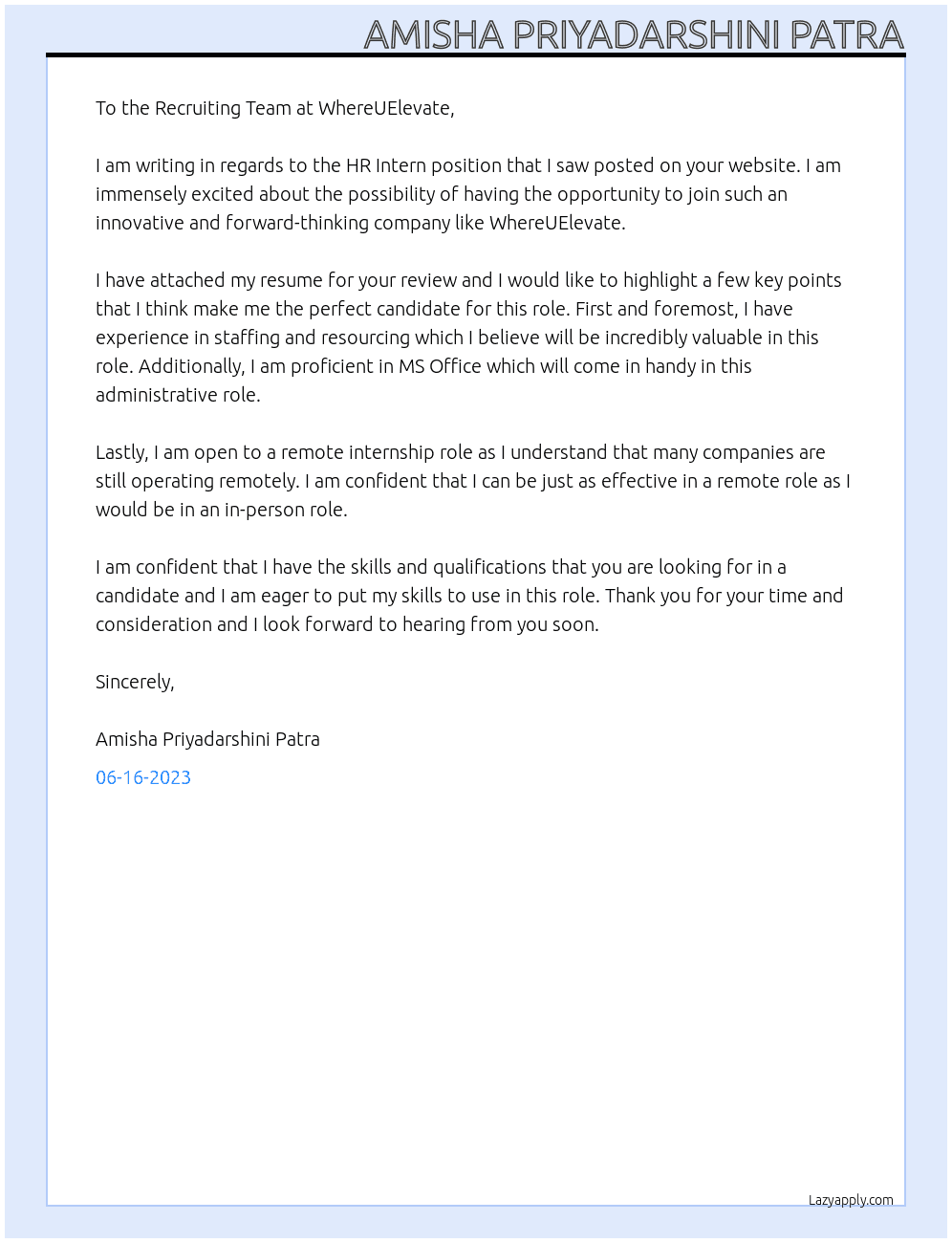 Hr Intern At WhereUElevate Cover Letter
