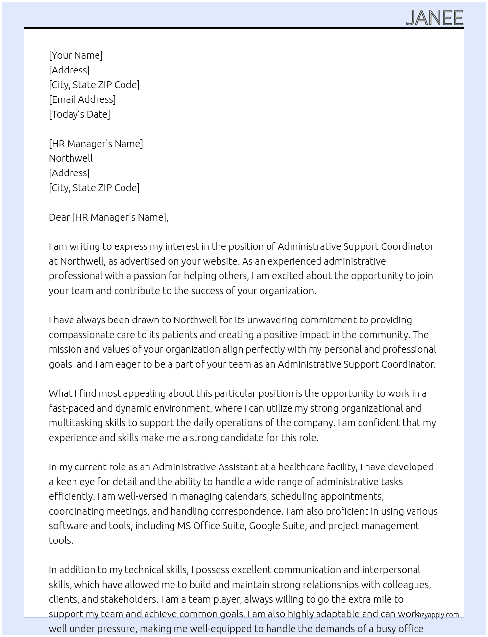istrative Support Coordinator At Northwell Cover Letter