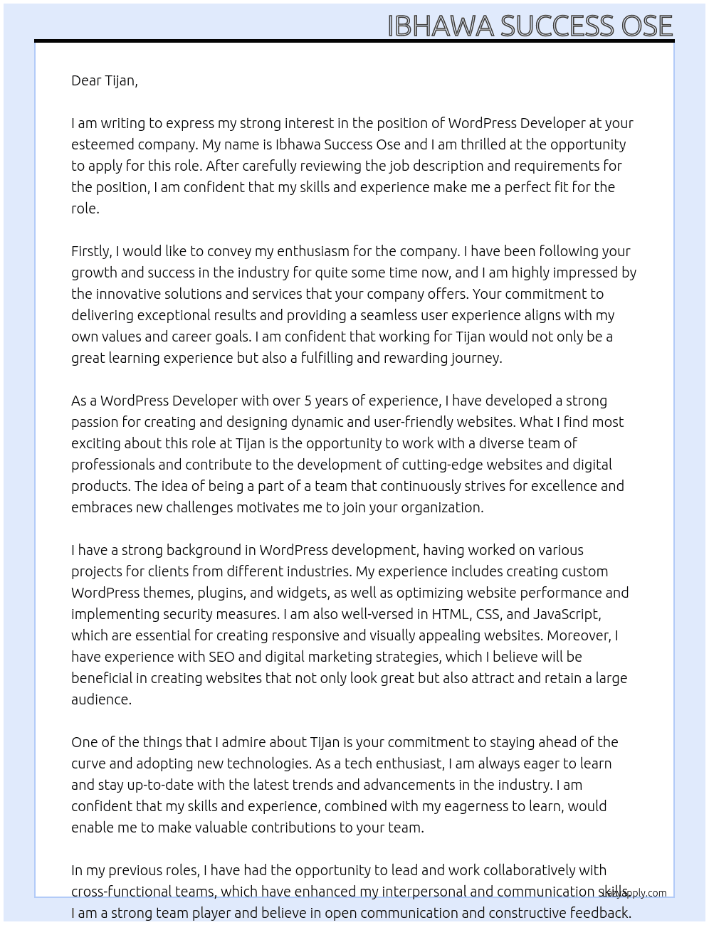 word press developer At tijan Cover Letter