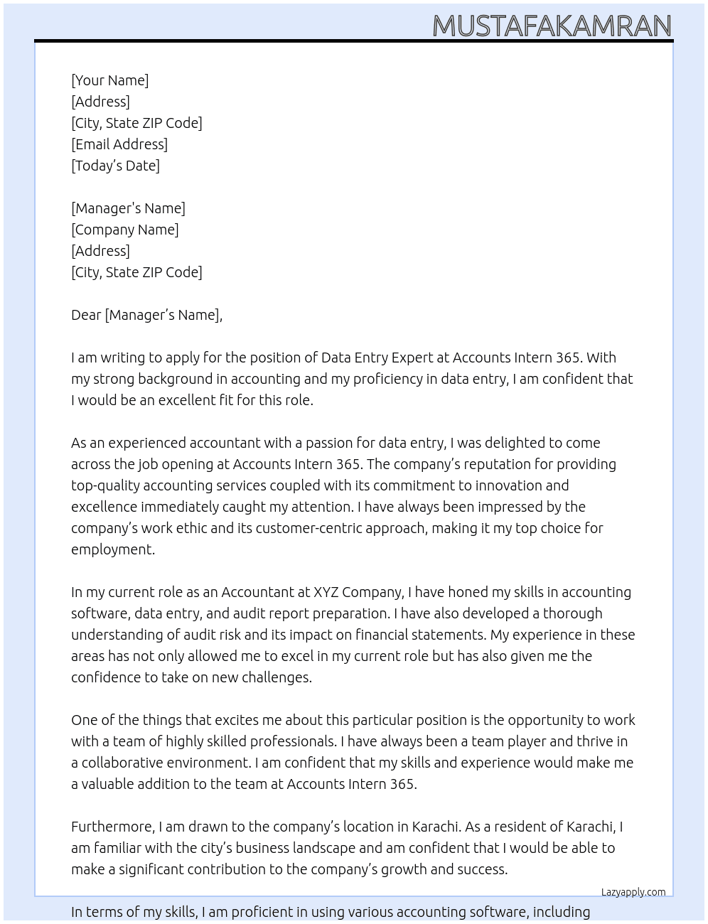 Data entry expert  At Accounts intern 365 Cover Letter