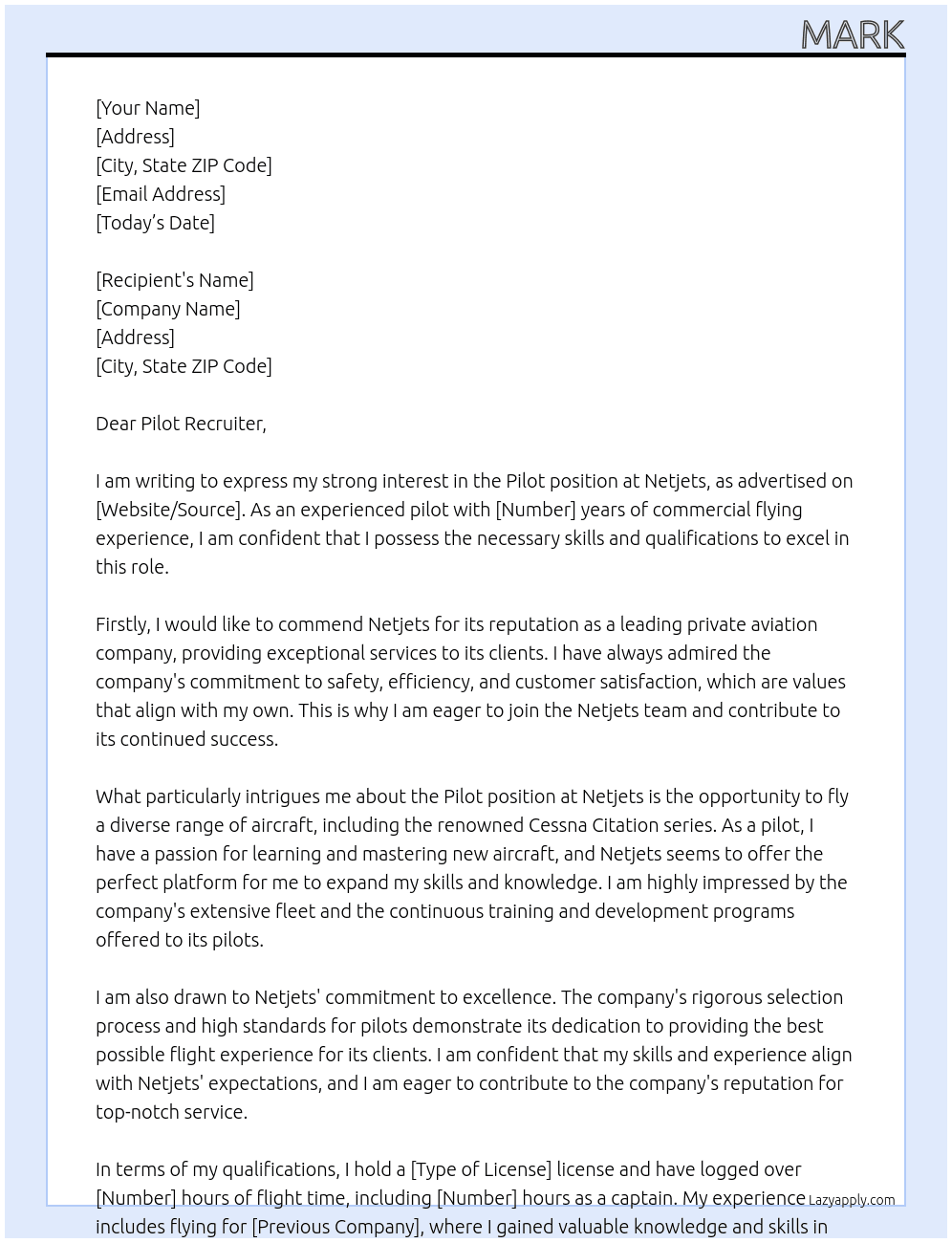 Pilot At Netjets Cover Letter