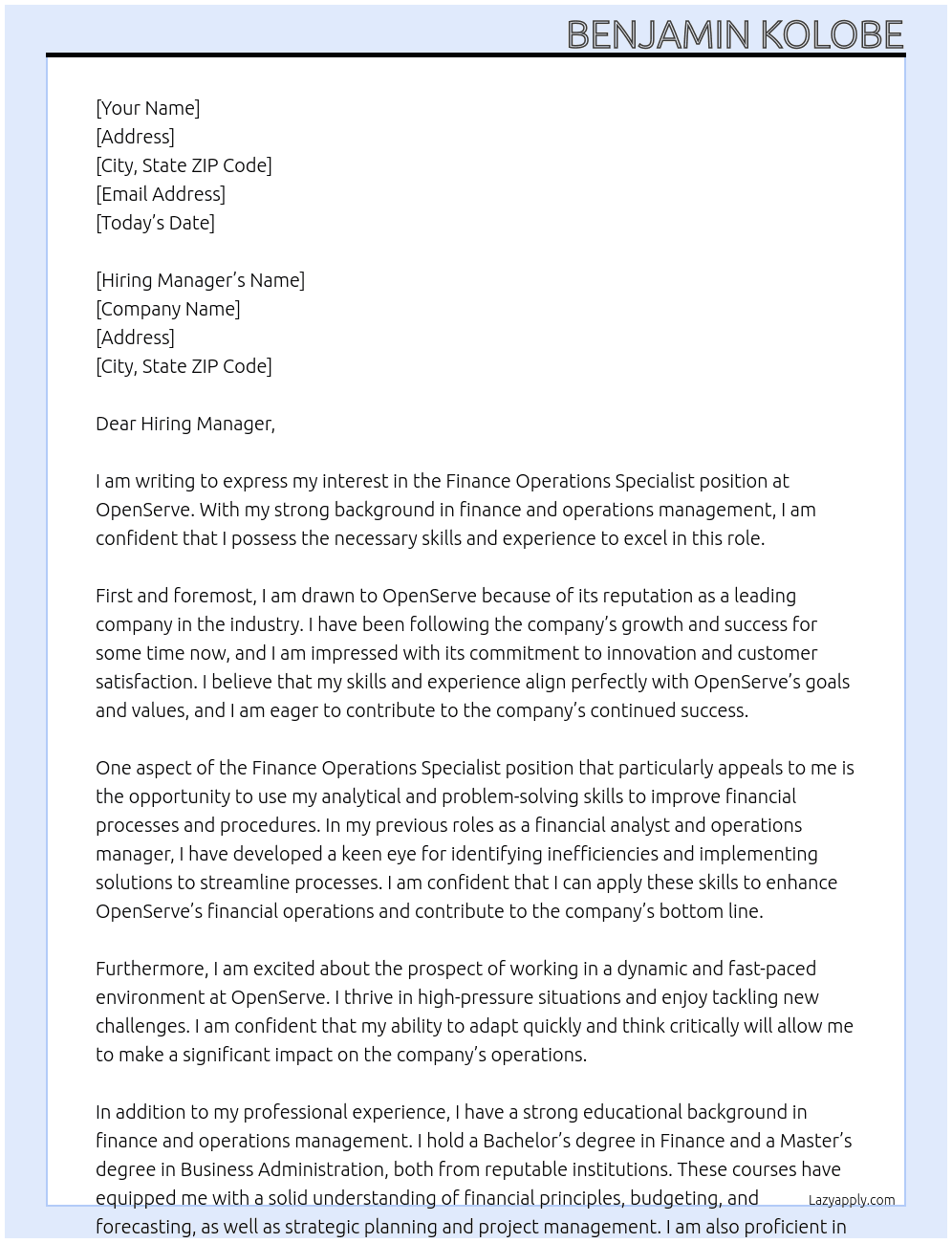 Finance Operations Specialist At OpenServe Cover Letter