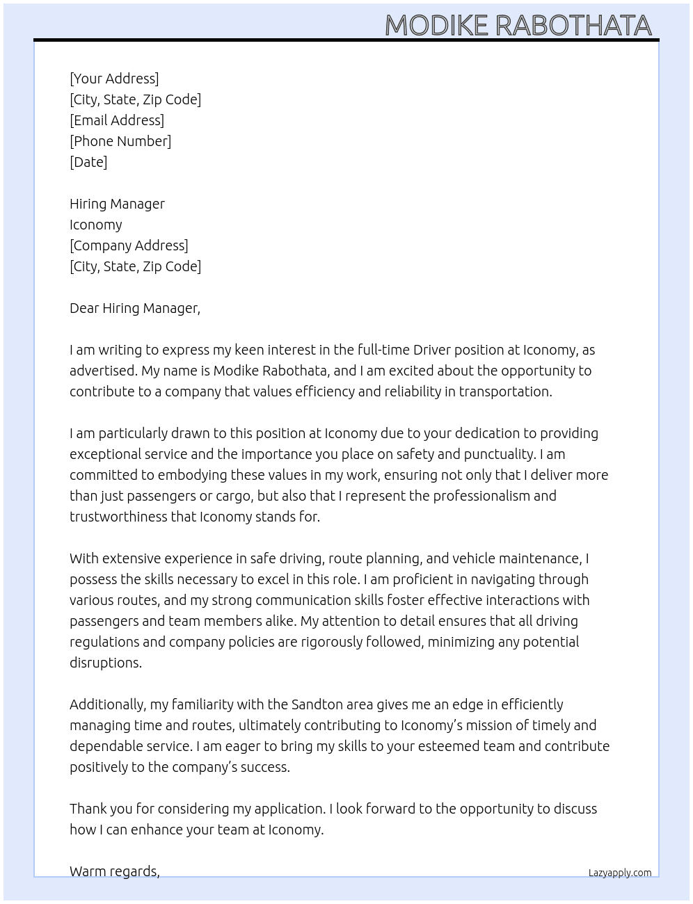 Driver  At Iconomy Cover Letter