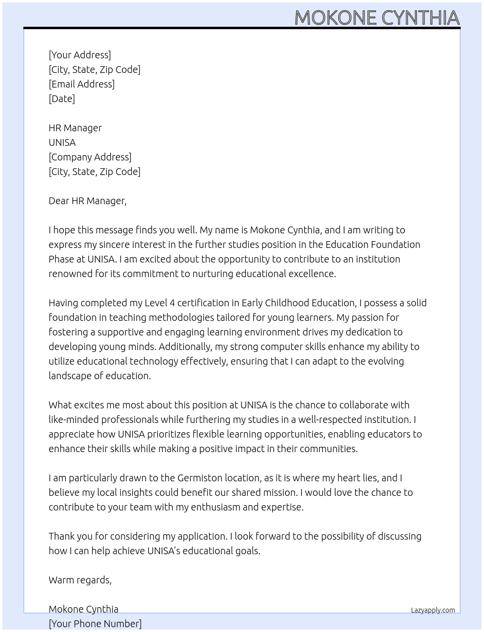further studies in education foundation phase At unisa Cover Letter