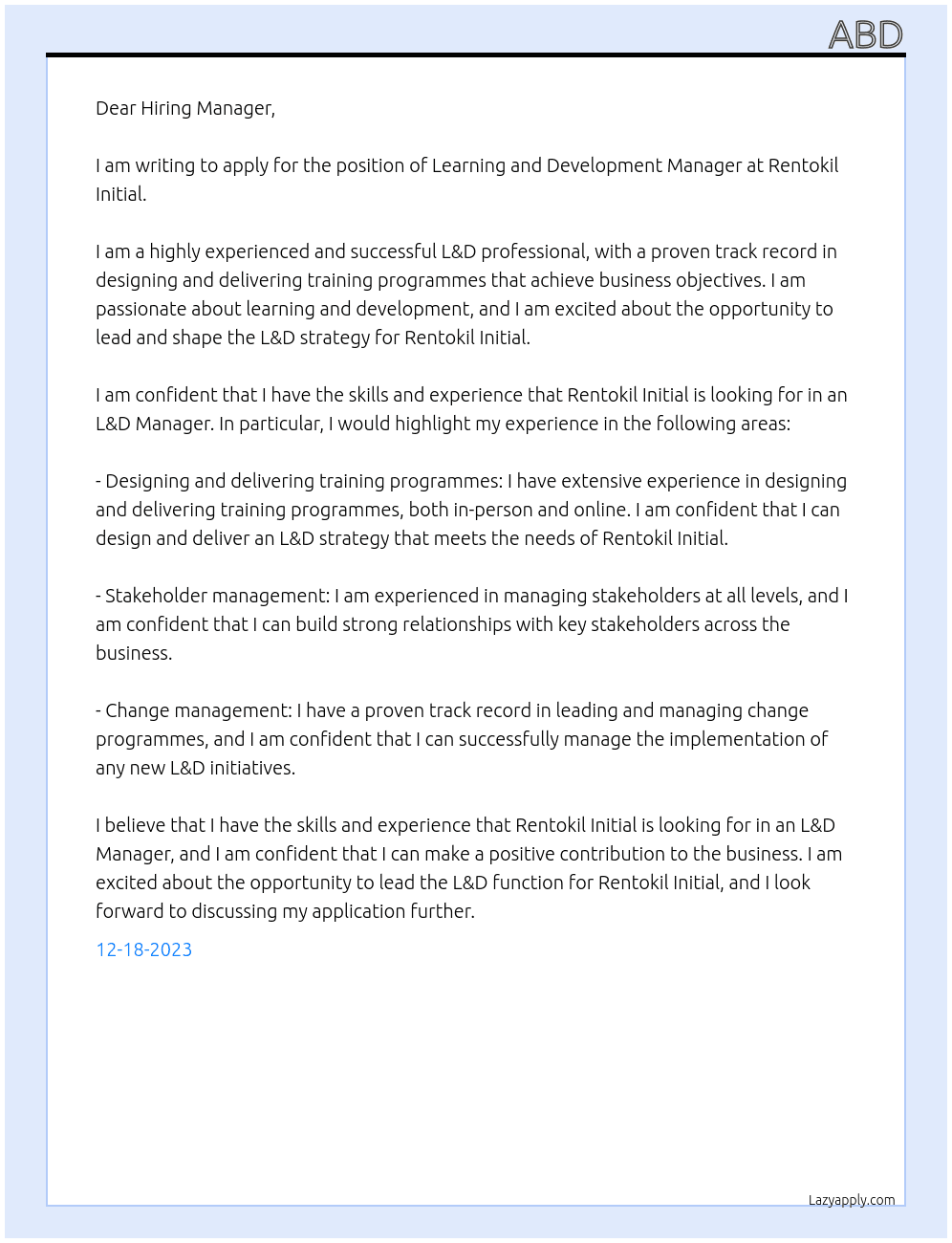 Learning and Development (L&D) Manager At Rentokil Initial Cover Letter
