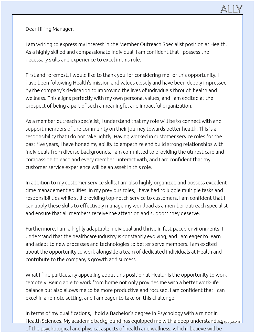 member outreach specialist At Health Cover Letter