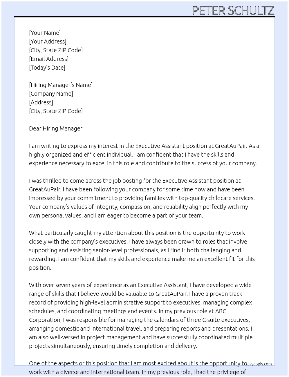 Executive Assistant At GreatAuPair Cover Letter