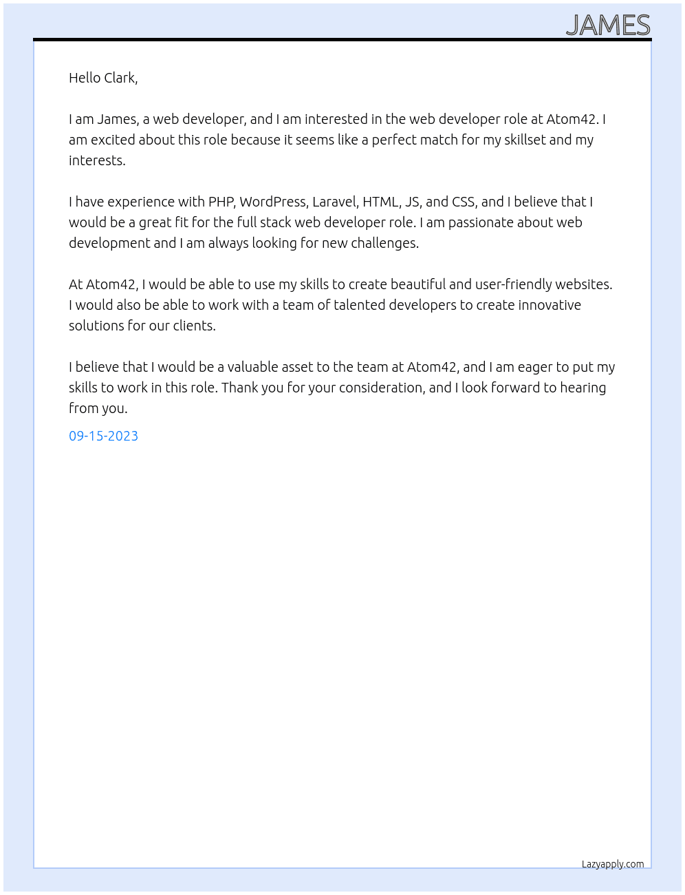 Web Developer At Atom42 Cover Letter