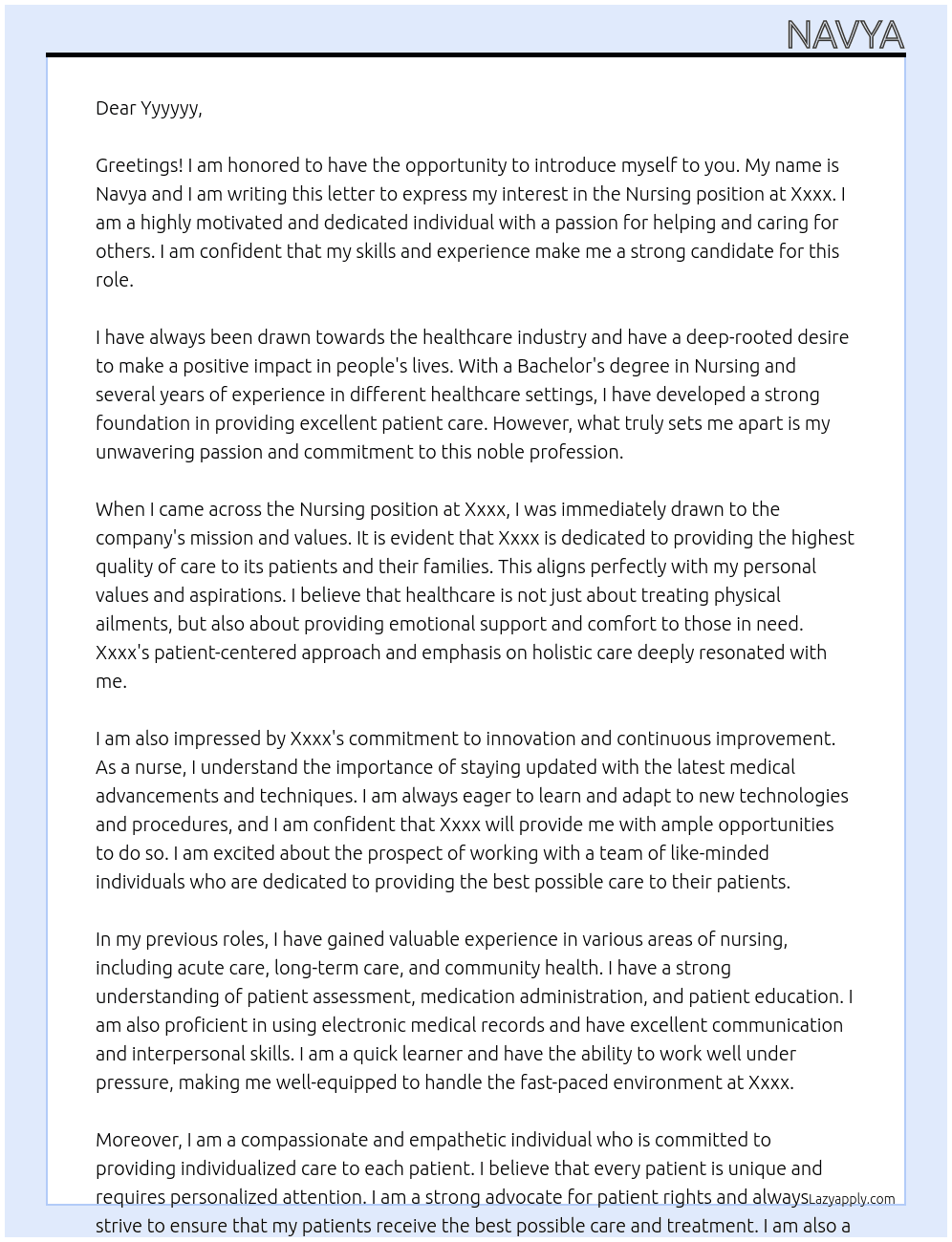Nursing  At Xxxx Cover Letter