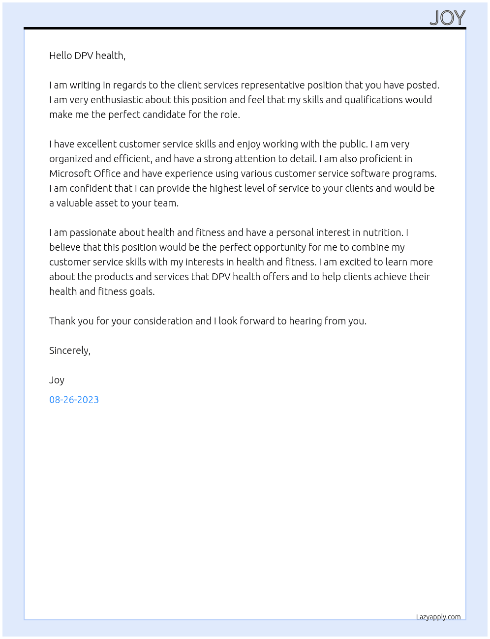 client services representative At DPV health Cover Letter
