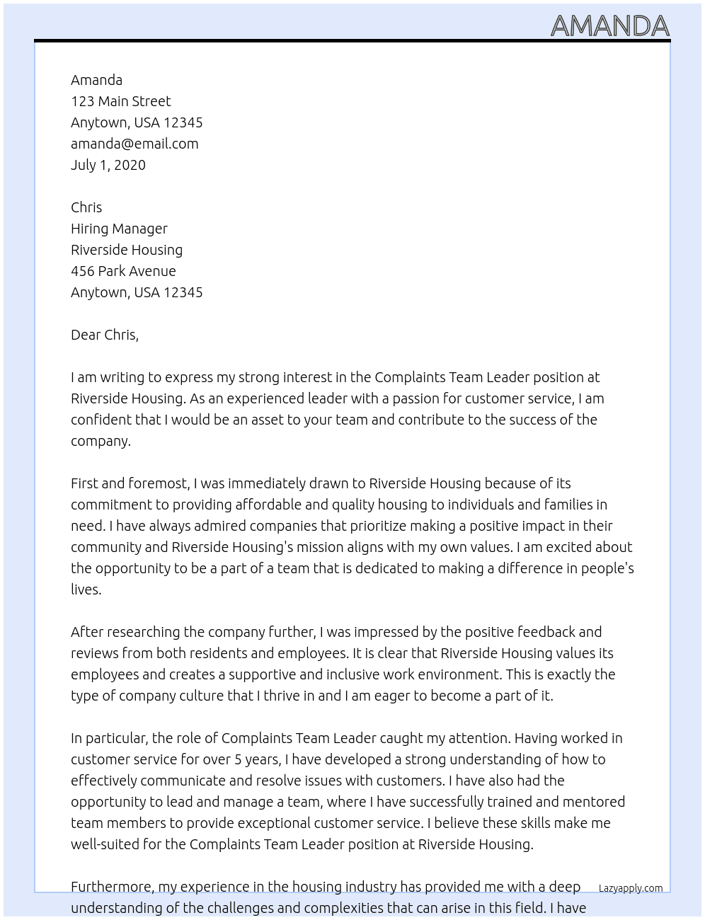 Complaints team leader  At Riverside Housing Cover Letter