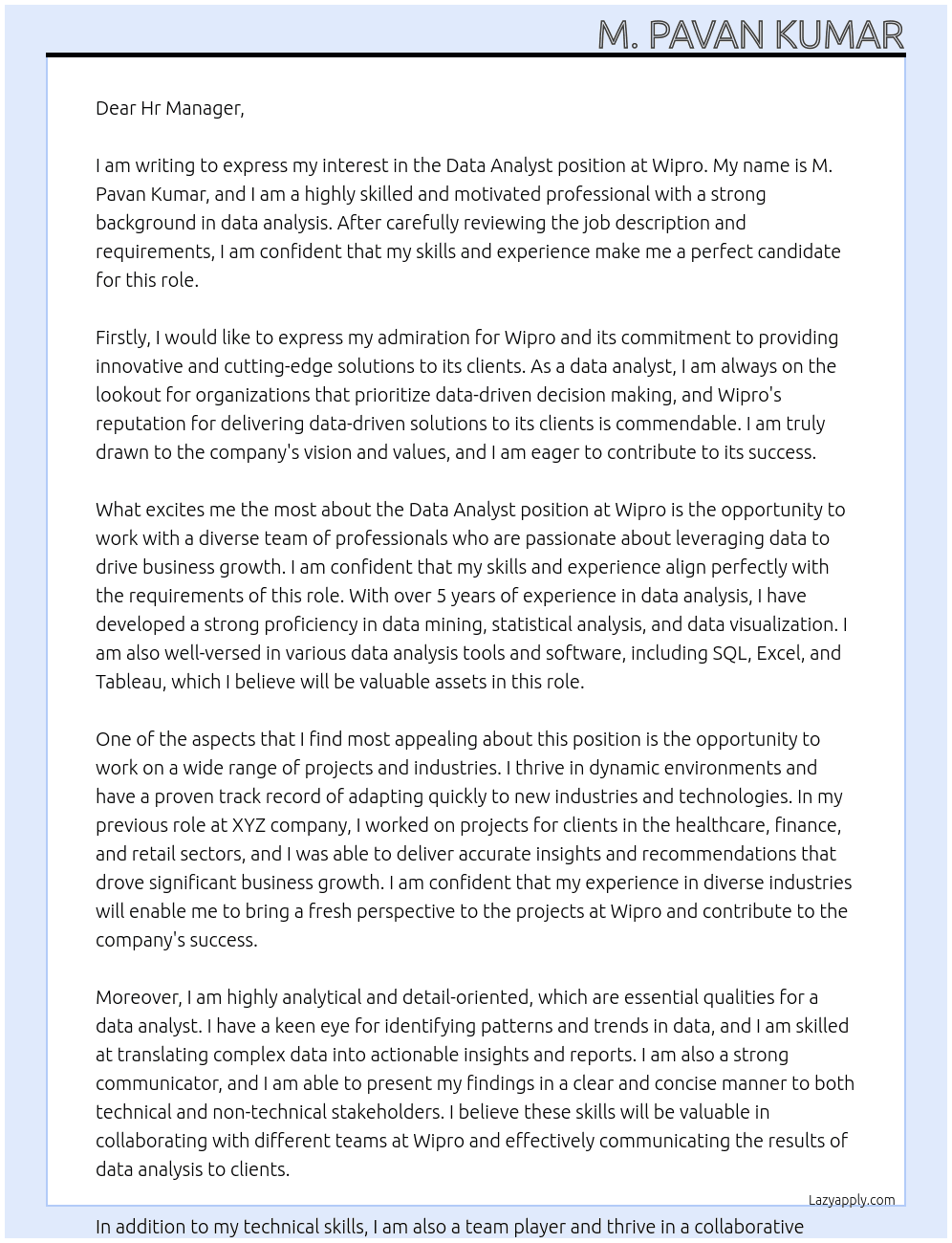 Data Anylast At Wipro Cover Letter