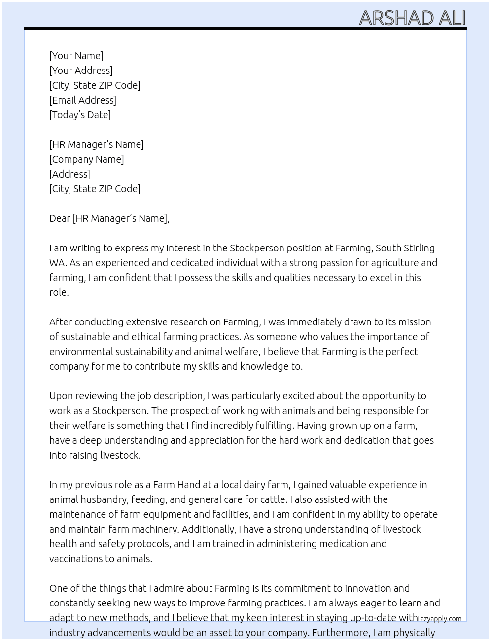Stockperson At Farming, South Stirling WA Cover Letter
