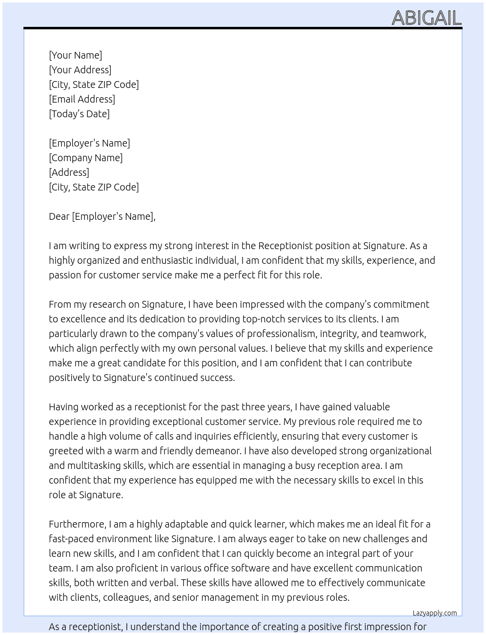 Receptionist  At Signature  Cover Letter