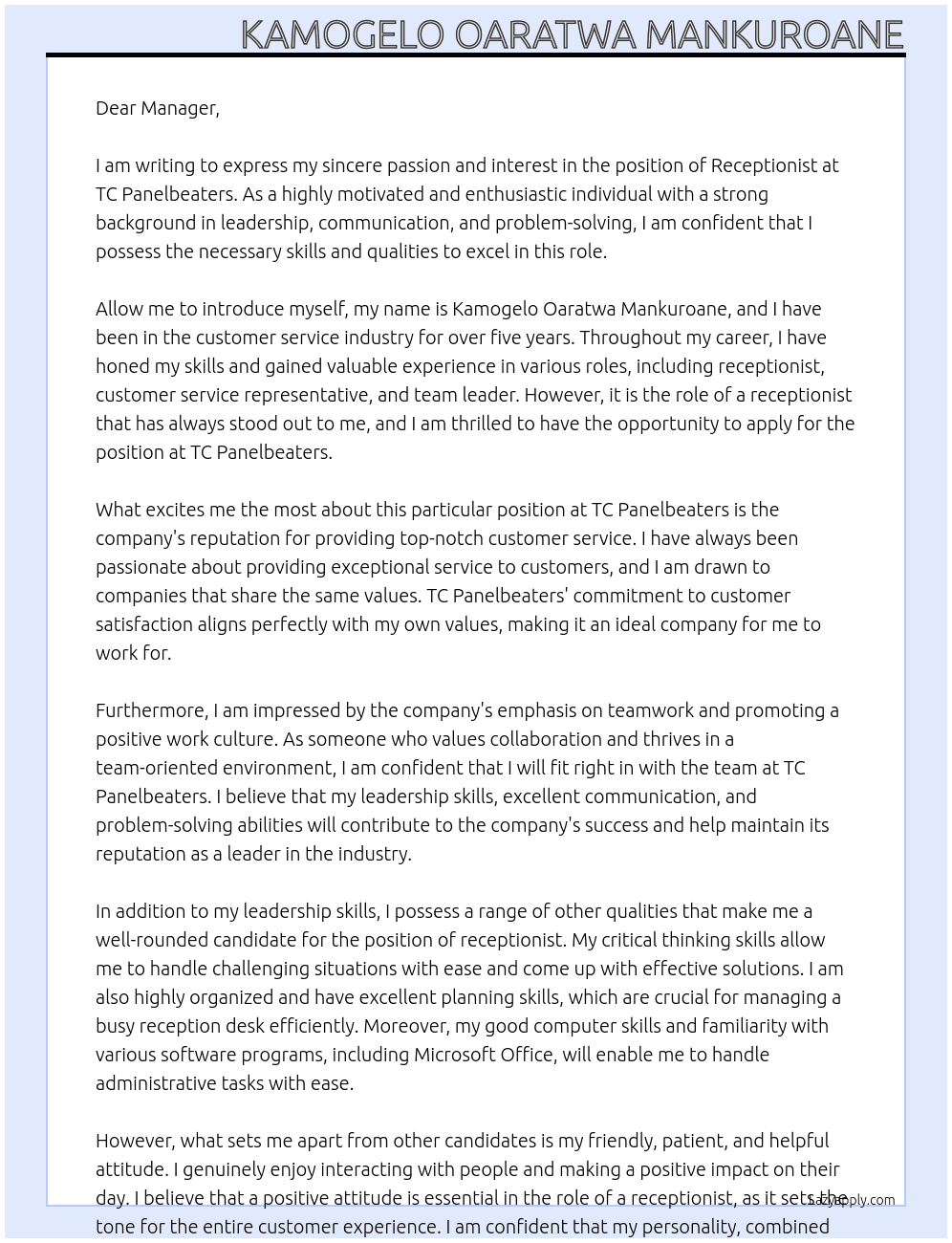 receptionist At TC Panelbeaters Cover Letter