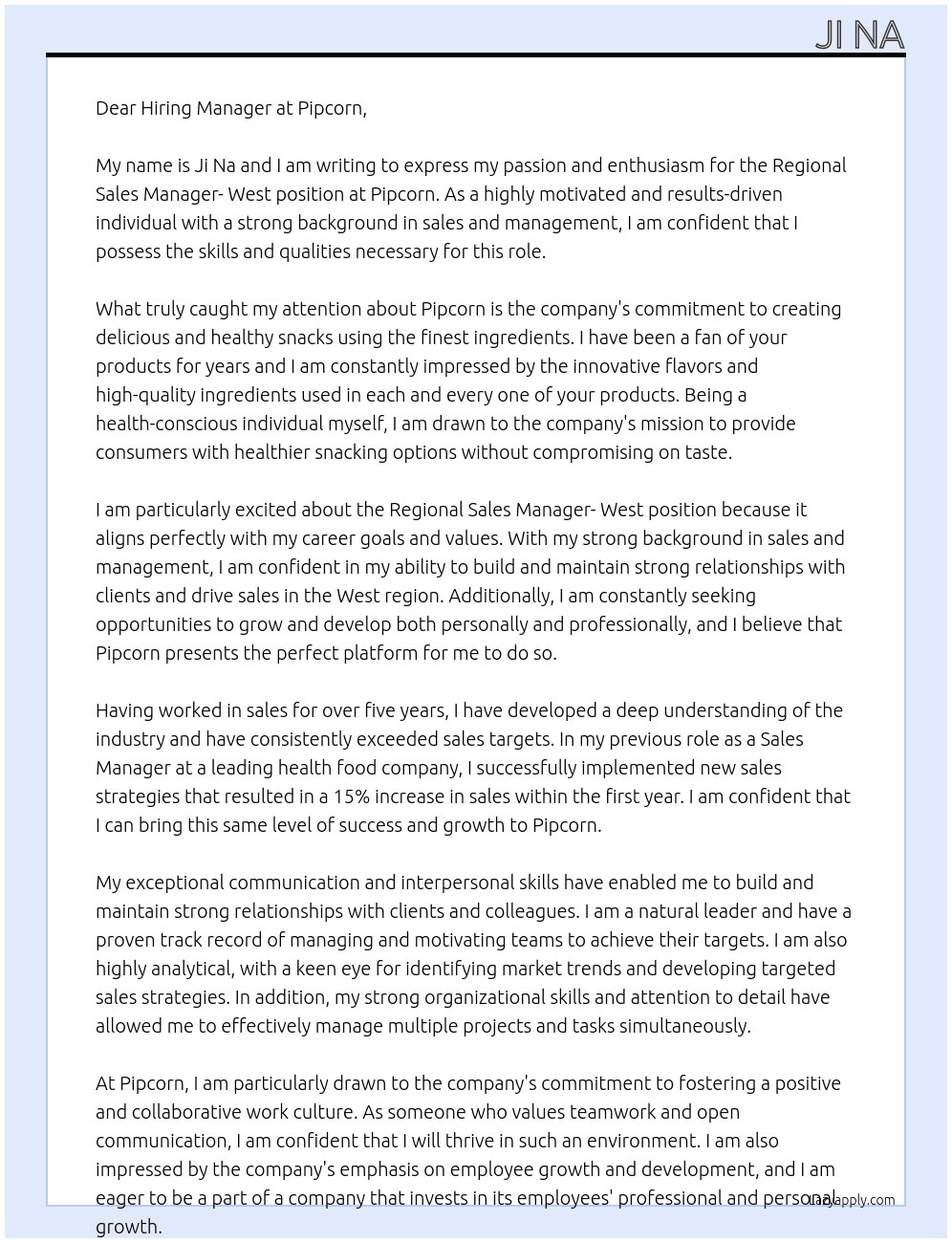 Regional Sales Manager- West At Pipcorn Cover Letter