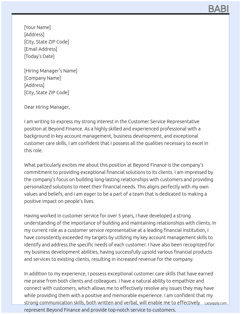 Customer service representative  At Beyond finance Cover Letter