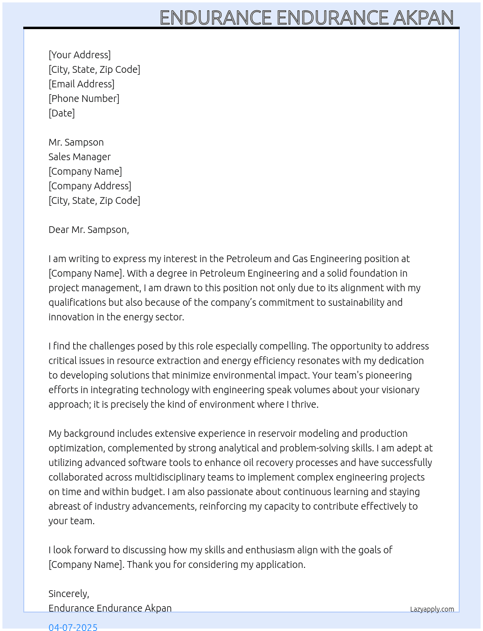 Petroleum and Gas Engineering  At Sales manager Cover Letter